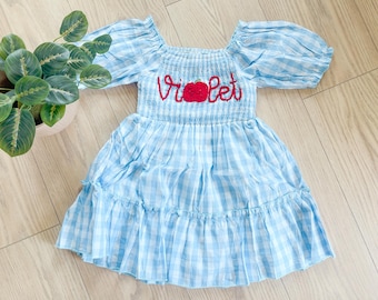 Personalized Puff Sleeve Gingham Dress, Girls First Day Outfit