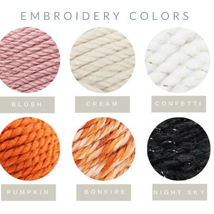 Op de afbeelding: Zes borduurgarenkleuren: blush, cr&egrave;me, confetti, pompoen, kampvuur en nachthemel.
