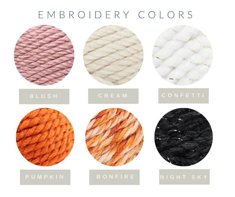 Op de afbeelding: Zes borduurgarenkleuren: blush, cr&egrave;me, confetti, pompoen, kampvuur en nachthemel.