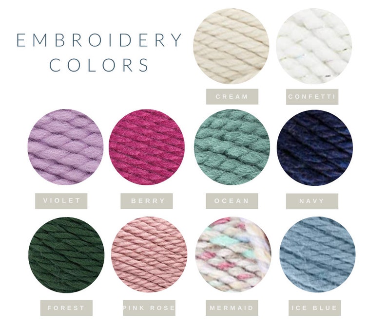 May include: A chart of embroidery floss colors with the title "Embroidery Colors". The colors are: Cream, Confetti, Violet, Berry, Ocean, Navy, Forest, Pink Rose, Mermaid, and Ice Blue.