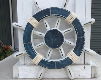 Rustic White and Dark Blue Nautical Ship Wheel - Decorative wooden ship's wheel