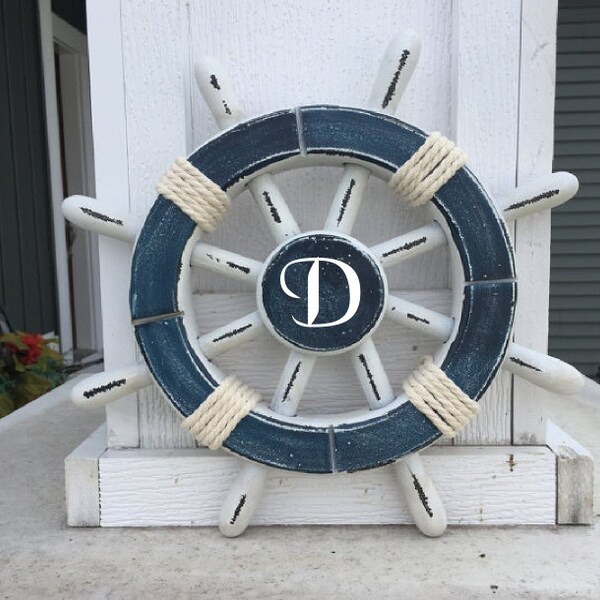 Monogrammed Dark Blue and White Nautical Ship Wheel, Personalized ship's wheel, Custom Nautical decor, Personalized wedding gift