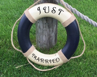 Just Married Blue Vintage Nautical Life Ring - Choose Color - Nautical wedding decor, beach theme wedding, wedding decor, just married car
