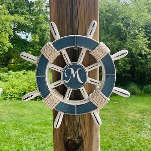 Monogrammed Dark Blue and White Nautical Ship Wheel, Personalized ship's wheel, Custom Nautical decor, Personalized wedding gift