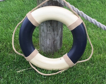 Blue Vintage Nautical Life Ring - Cream and Blue - Nautical decor, beach decor lifering, antique nautical, Choose Size