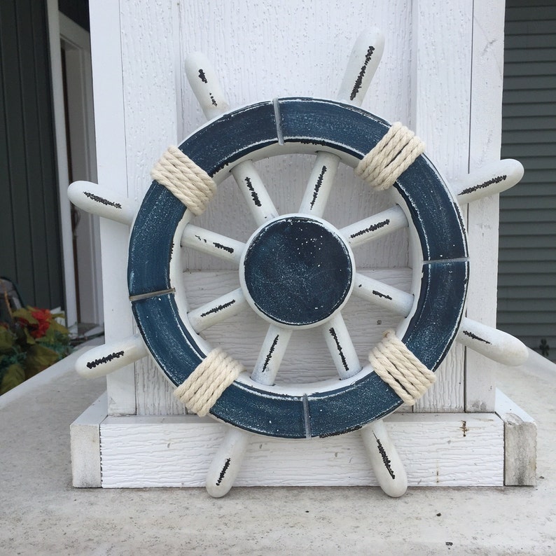 Rustic White and Dark Blue Nautical Ship Wheel Decorative Etsy
