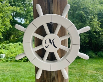 Roda de navio náutico branco rústico de 12 "com letras personalizadas - roda de navio decorativa, roda de navio de madeira, roda de navio vintage 028