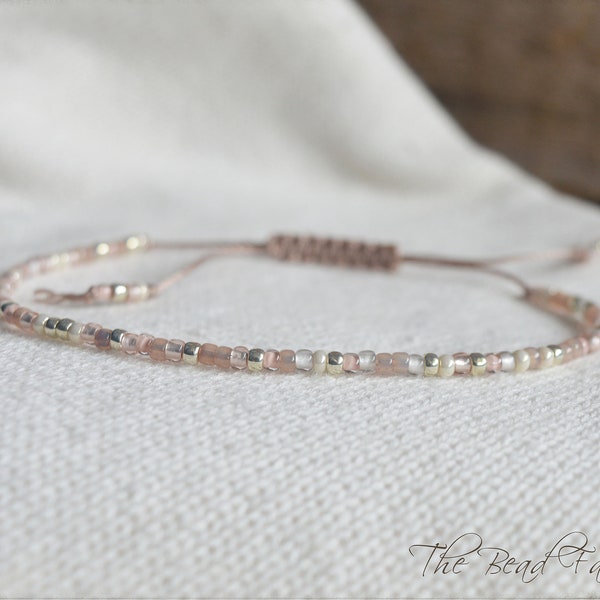 Handmade String Bracelet or Anklet - Dainty Yoga Style Seed Bead Bracelet- Skinny Adjustable Boho Hippie Anklet in pale pink