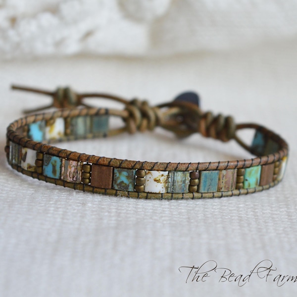 Leather Wrap Bracelet- single wrap colorful picasso bead tile bracelet