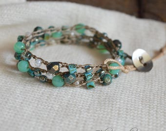 Crocheted Wrap Bracelet in turquoise – Triple Wrap, Czech Glass, Necklace Option