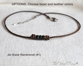 Unisex Boho Hippie Choker Necklace with Choice of 2/0 Czech Glass Seed Beads and Leather Colors