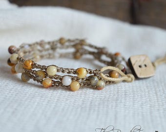 Hand Crocheted Beaded Wrap Bracelet: Boho Style Jewelry with Crazy Lace Agate Stones