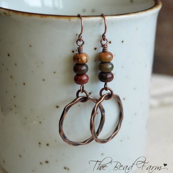 Boho Hippie Dangle Earrings with picasso jasper stones and antique copper finished rings