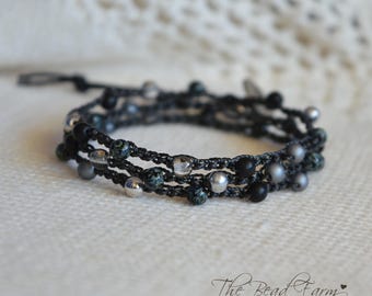 Hand Crocheted Beaded Wrap Around Bracelet in black and silver