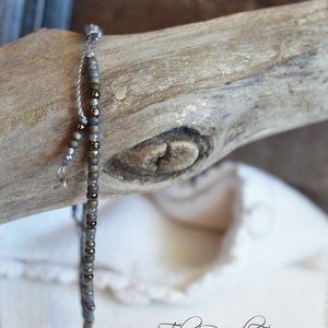 Handmade String Bracelet or Anklet - Dainty Yoga Style Seed Bead Bracelet- Skinny Adjustable Boho Hippie Anklet in grey