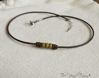 Boho Hippie Style Leather Knotted Choker with Earthy 2/0 Czech Glass Seed Beads.  Unisex Choker Necklace