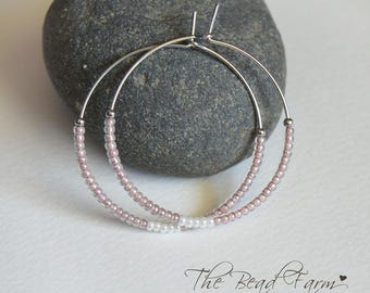 1.5" Hoop Earrings, Boho Hippie Style Hoop Earrings in soft blush and ivory