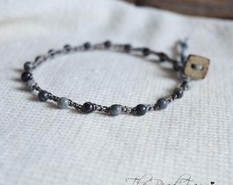 Boho Hippie Style Dainty Crocheted Bead Anklet with Natural Picasso Gray Jasper Stones