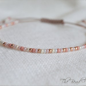 String Bracelet or Anklet - Dainty Yoga Style Seed Bead Bracelet- Skinny Adjustable Boho Hippie Anklet in Pink and Rose Gold
