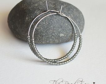 1.5" Hoop Earrings, Boho Hippie Style Hoop Earrings with sparkly grey beads