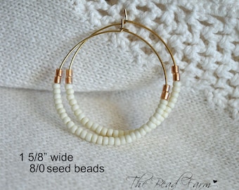 1 5/8" Hoop Earrings, Boho Hippie Style Hoop Earrings in Matte Cream and Gold