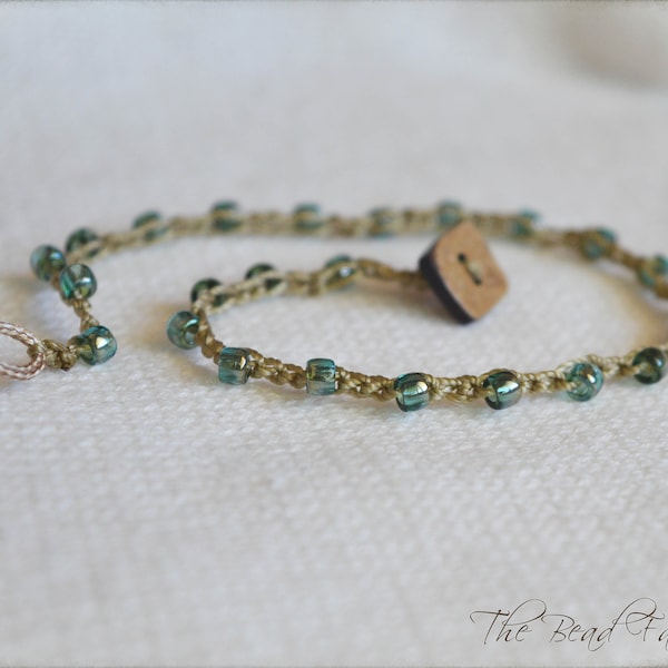 Boho Hippie Style Dainty Crocheted Anklet with Czech Glass Seed Beads in Aqua Green