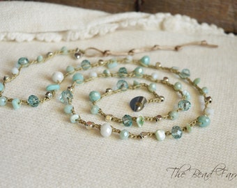 26" Crocheted Beaded Wrap Bracelet in aqua.  Long Crocheted Beaded Necklace.  Multi wrap bracelet. Versatile Jewelry