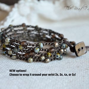 May include: A multi-strand bracelet made with brown cord and small, speckled beads. The bracelet is wrapped around a wrist multiple times and has a wooden button closure. The text "NEW options! Choose to wrap it around your wrist 2x, 3x, 4x, or 5x!" is visible below the bracelet.