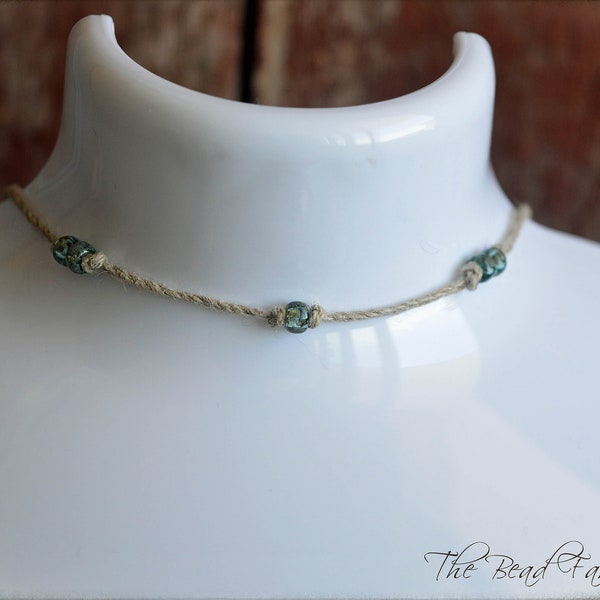 Boho Hippie Style Adjustable Hemp Cord Choker with Picasso 6/0 Glass Beads-  You choose bead color