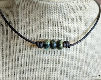 Boho Hippie Style Leather Knotted Choker with African Turquoise Stones.  Unisex Choker Necklace