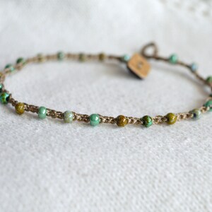Boho Hippie Style Dainty Crocheted Anklet with Czech Glass Seed Beads in Greens and Khaki