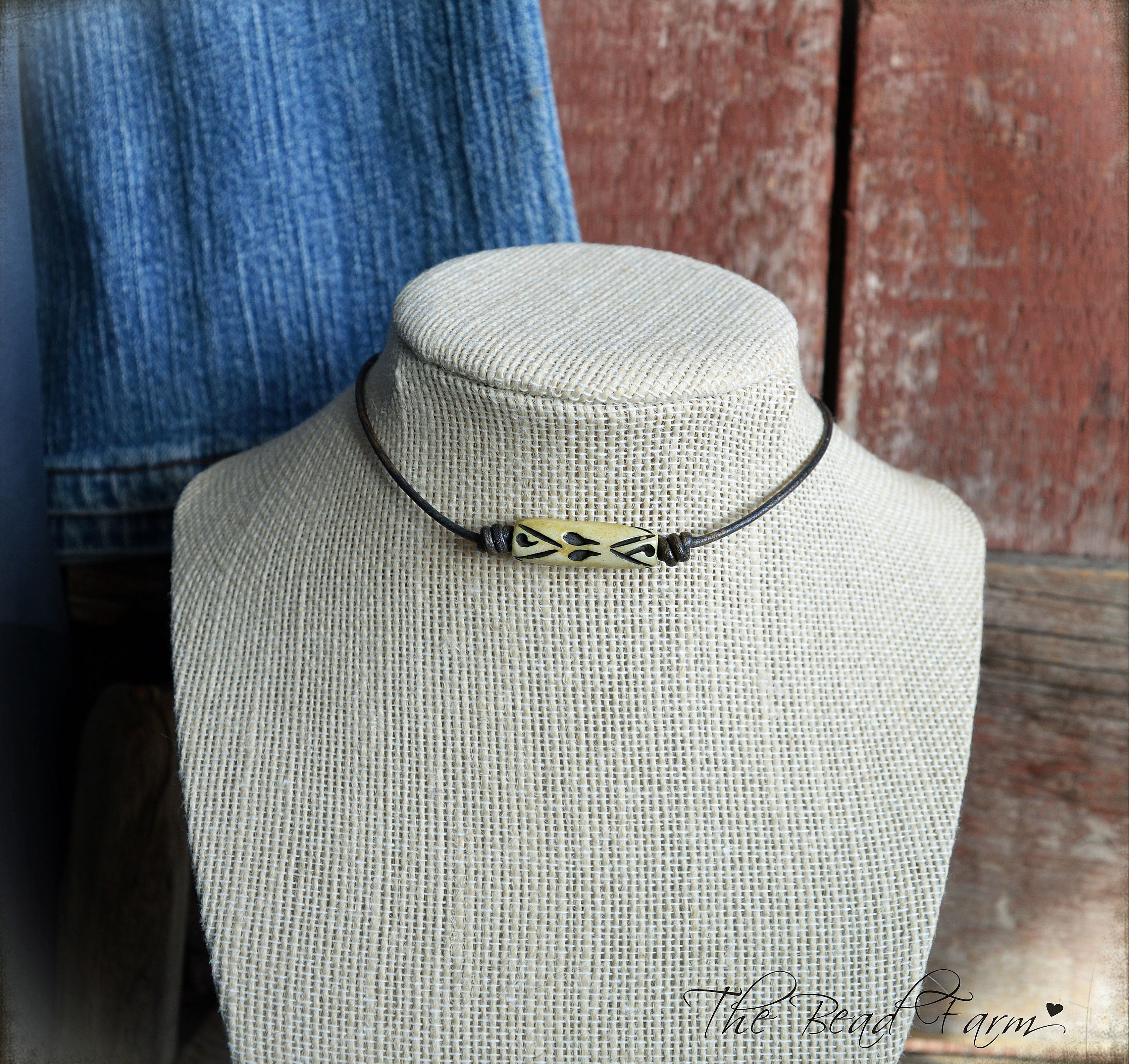 Unisex Boho Style Leather Choker Necklace with Hand Carved Bone Focal Bead