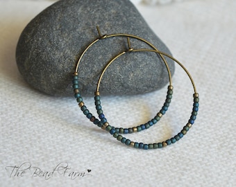 Hoop Earrings, Boho Hippie Style Hoop Earrings in rich matte greens and blues