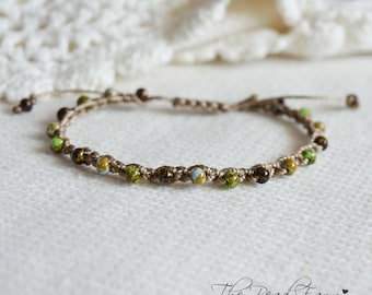 Hand Crocheted Adjustable Boho Hippie Style seed bead bracelet in chartreuse, brown and khaki