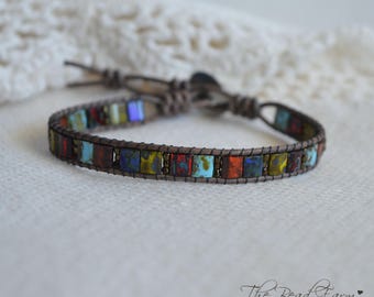 Leather Wrap Bracelet- single wrap multi color tile bead bracelet