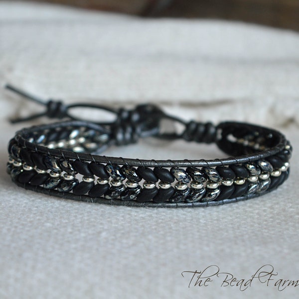 Handmade Boho Style Women's Leather and Bead Bracelet, Black and Silver Superduo Bead Bracelet Cuff