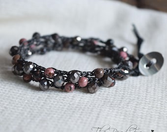 Crocheted Wrap Bracelet in pinks and charcoal – Triple Wrap, Czech Glass, Necklace Option