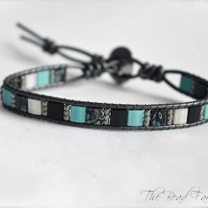 Leather Wrap Bracelet- single wrap turquoise and black tile bead bracelet