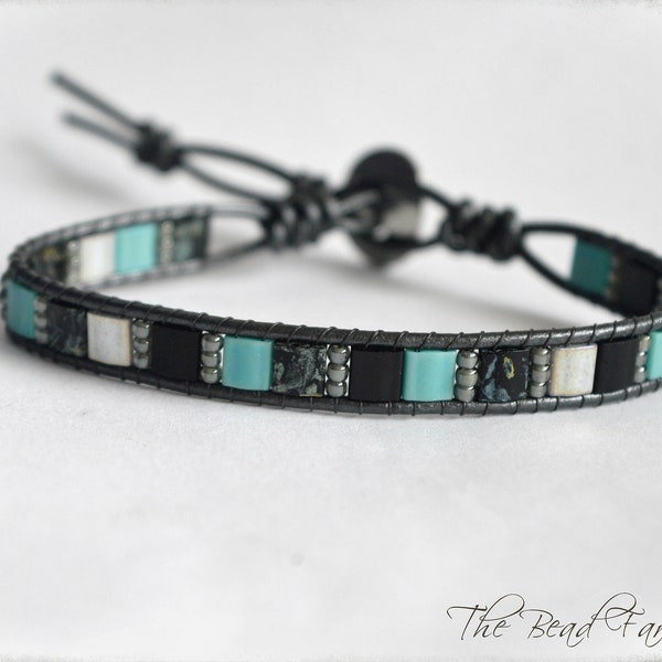 Leather Wrap Bracelet- single wrap turquoise and black tile bead bracelet