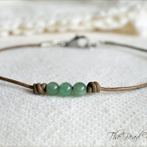 Boho Hippie Style Leather Knotted Anklet with Green Aventurine Stones