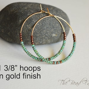 Hoop Earrings, Boho Hippie Style Hoop Earrings with turquoise picasso and dark bronze seed beads