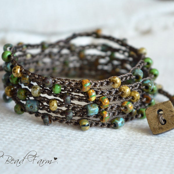 Colorful Picasso Beaded Multi Wrap Bracelet or Necklace-  Dainty hand crocheted beaded wrap jewelry.  Hippie Gypsy Boho Jewelry