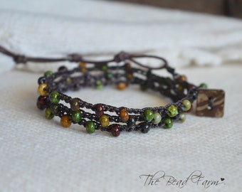 Colorful Picasso Beaded Wrap Bracelet- A dainty crocheted beaded triple wrap bracelet with bohemian style