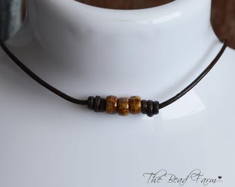 Boho Leather Choker Necklace with 2/0 Czech Glass Seed Beads – Unisex Hippie Style