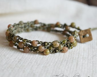 Hand Crocheted Beaded Wrap Bracelet: Boho Style Jewelry with Unakite Stones