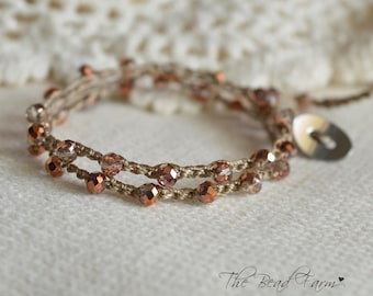 Crocheted Wrap Bracelet or Choker Necklace with Czech Glass Beads- Boho Hippie Style Jewelry