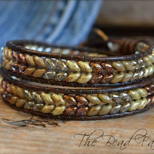 Leather Wrap Bracelet- Superduo beaded wrap Boho bracelet