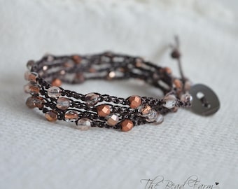 Dainty Hand Crocheted Beaded Multi Wrap Bracelet with Czech 4mm beads. Hand Crocheted Boho Hippie Style Beaded Necklace.