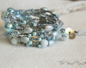 46" Crocheted Beaded Wrap Bracelet in Soft Turquoise.  Long Crocheted Beaded Necklace.  Multi wrap bracelet. Versatile Jewelry