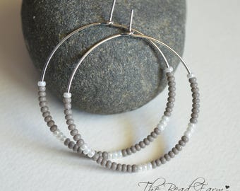 1.5" Hoop Earrings, Boho Hippie Style Hoop Earrings in grey and white